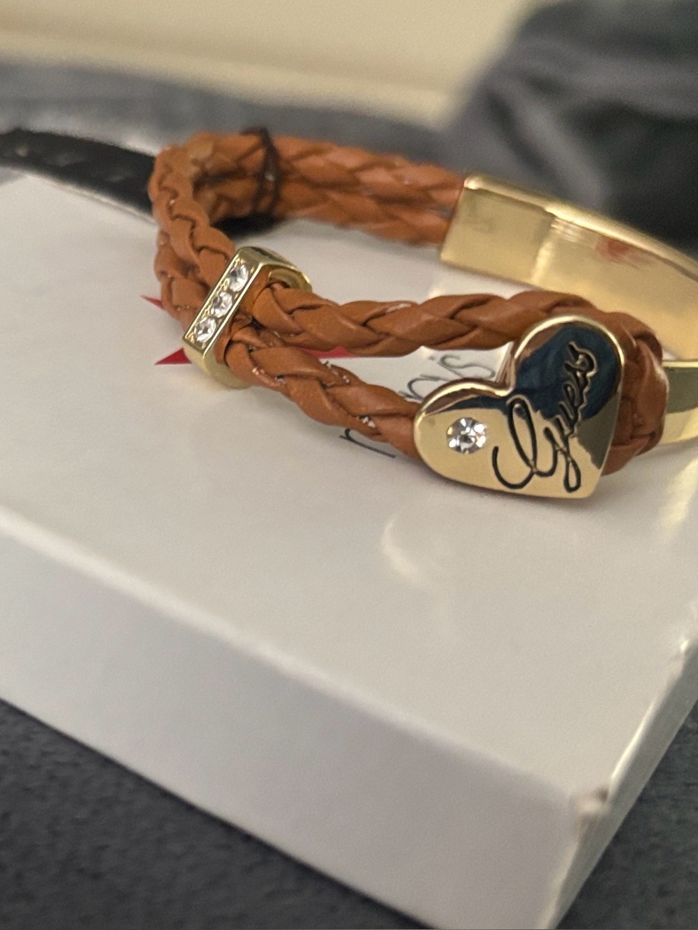 Guess Gold-Tone and Tan Braided Heart Bracelet
